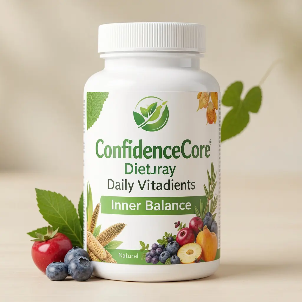 ConfidenceCore dietary supplement bottle with natural ingredients for daily vitality and inner balance